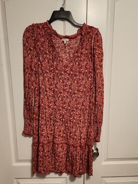 Max Studio Burgundy Floral Long-Sleeve Tie-Neck Dress